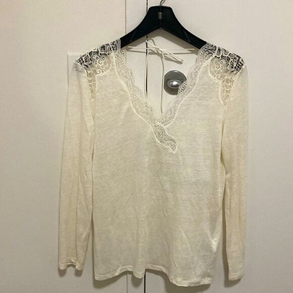 Sandro Paris Linen Long Sleeve Top with Lace Detail. Off White. Size 3 (L). - Picture 1 of 12